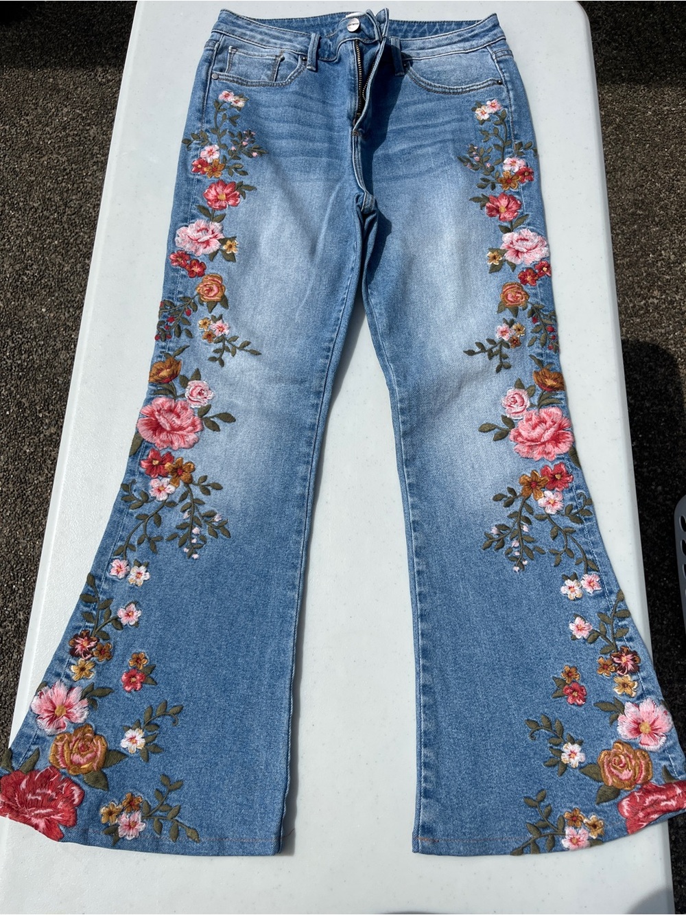 DRIFTWOOD Blue Denim Flare Jeans with Pink & Red Floral Embroidery